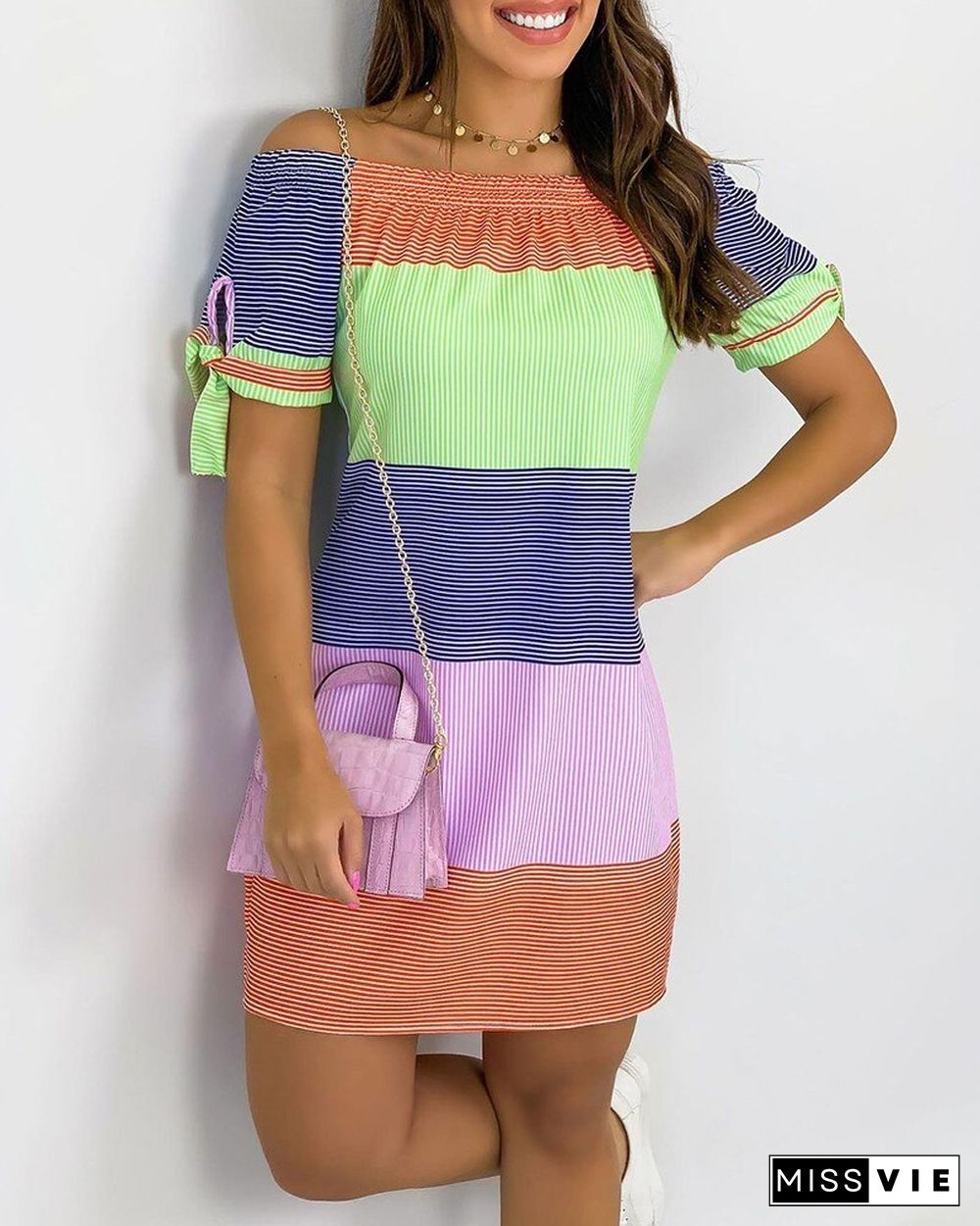 Women Summer Casual Dress Fashion Mini Party Dress Striped Print Colorblock Off Shoulder Short Sleeve Dress