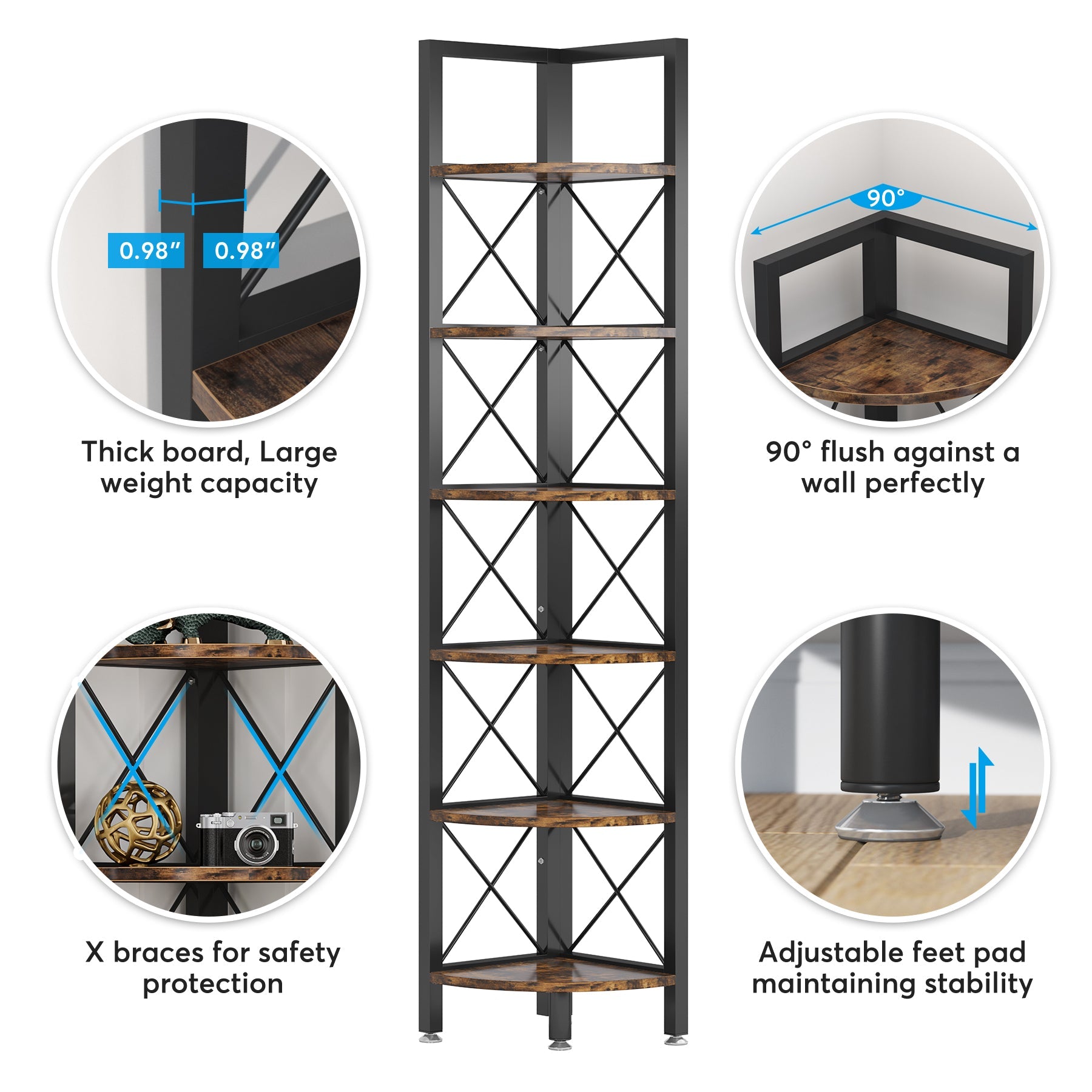 6-Tier Corner Shelf Small Bookshelf Storage Rack for Small Space