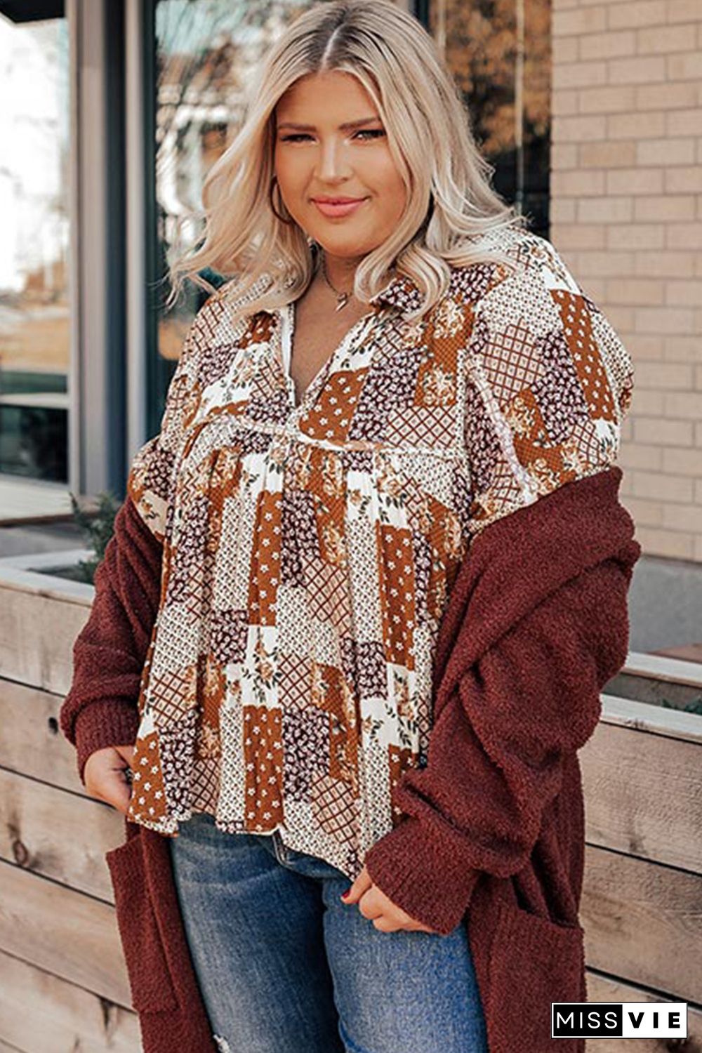 Apricot Turn-down Neck Mixed Print Plus Size Shirt