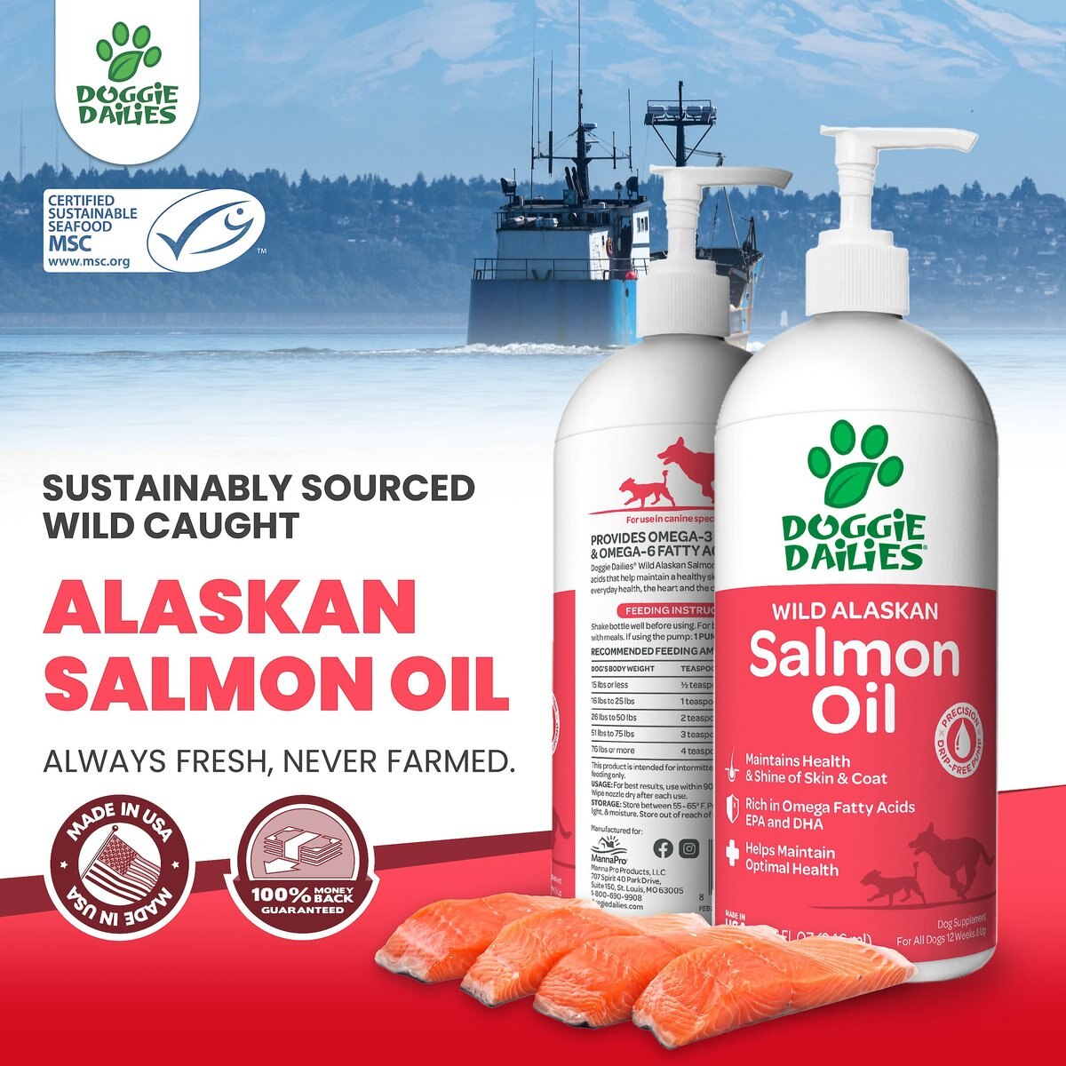 Doggie Dailies Wild Alaskan Salmon Oil Dog Supplement， 32-oz bottle