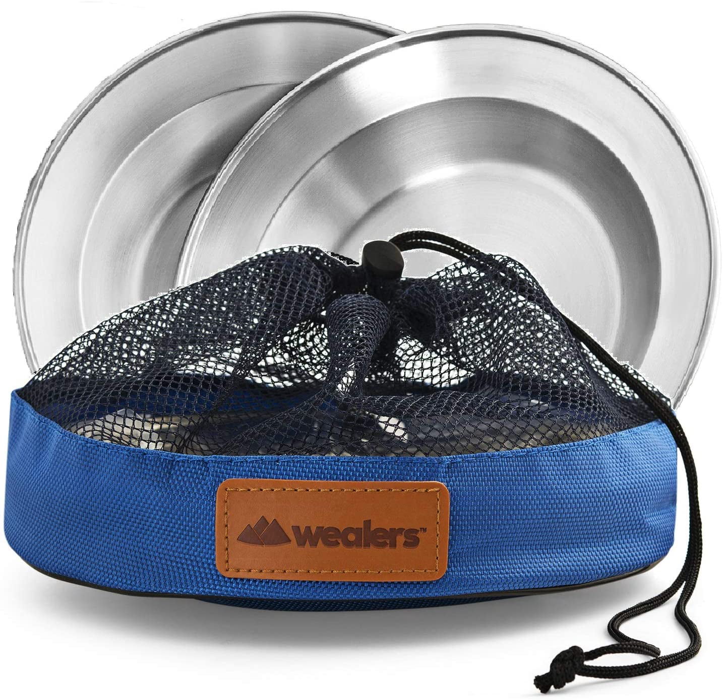 Wealers Camping Stainless Steel Dinner Plate Set with Blue Portable Mesh Bag - Shatterproof & BPA-Free for Camping, & Hiking - Pack of 2