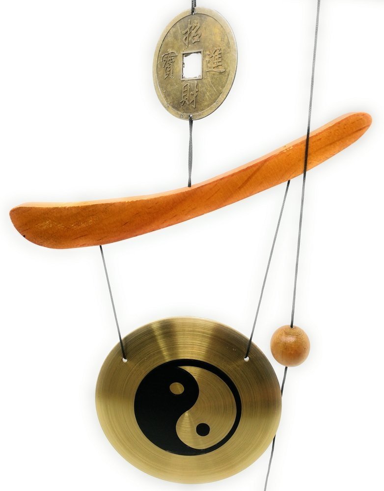 THY COLLECTIBLES Feng Shui Brass Gong Wind Chime for Patio， Garden， Terrace， Balcony Or Any Room - Beautiful YIN and YANG Design Piece