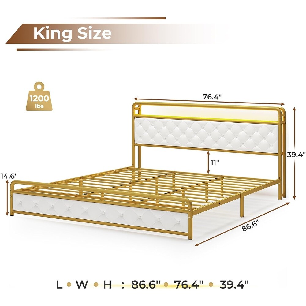 King Size Bed Frame with Built in LED Light Headboard