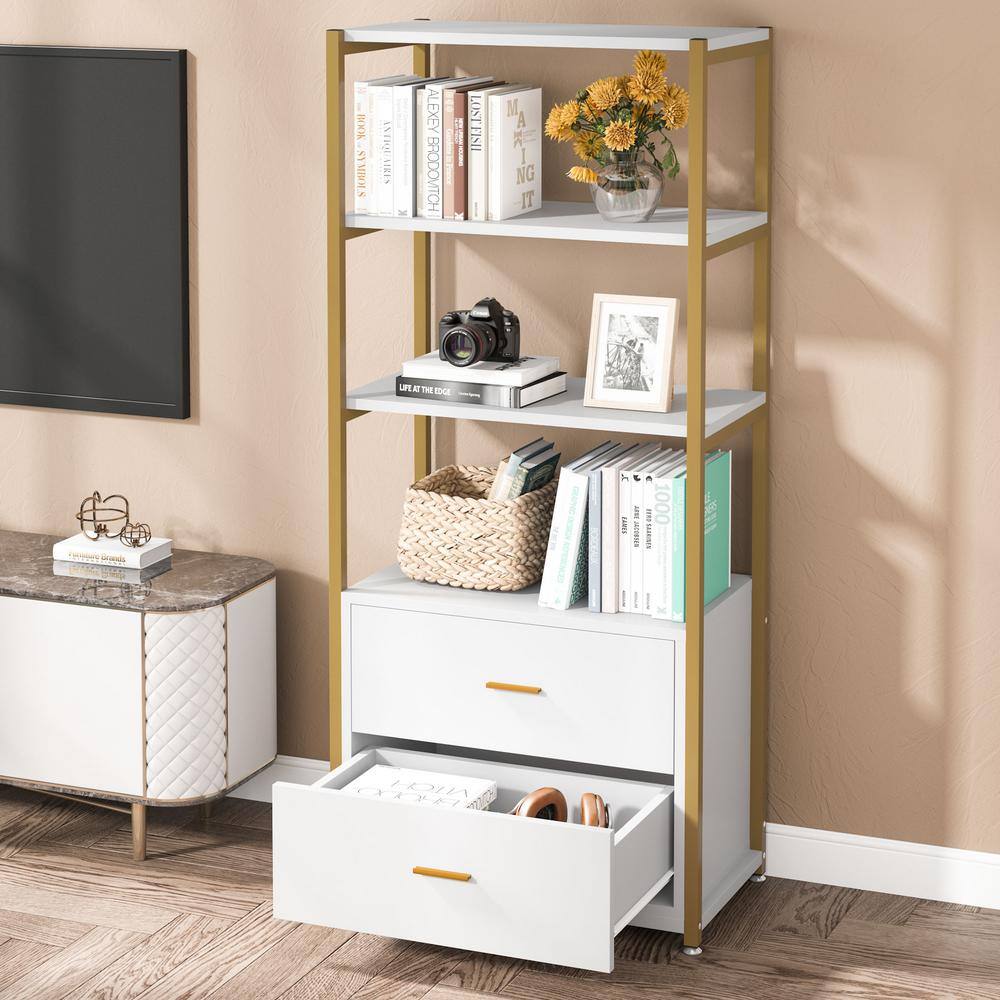 TRIBESIGNS WAY TO ORIGIN Kaduna 23.6 in. Wide White and Gold 4-Shelf Etagere Bookcase with 2-Drawers HD-F1568-WZZ