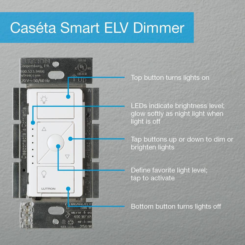 Lutron Caseta Smart Lighting Dimmer Switch for ELV Bulbs 250W LED Bulbs White (PD-5NE-WH) PD-5NE-WH