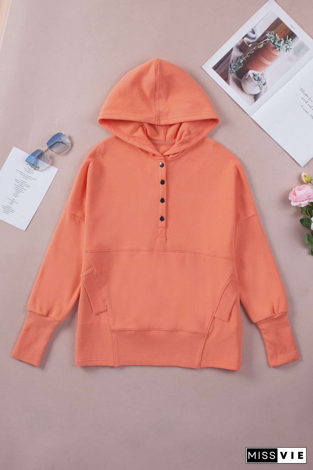 Orange Batwing Sleeve Pocketed Henley Hoodie