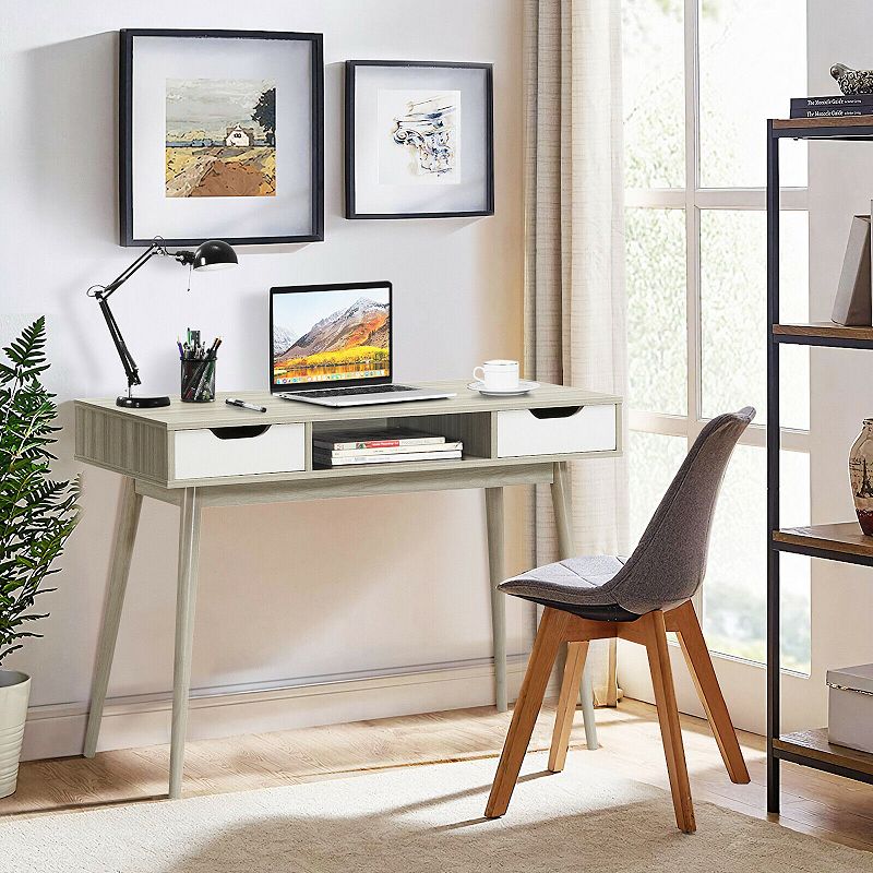 Stylish Computer Desk Workstation with 2 Drawers and Solid Wood Legs