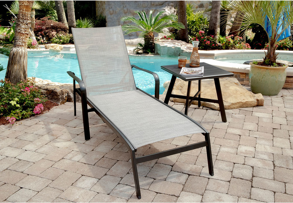 Foxhill  Weather Aluminum Chaise Lounge Chair With Sunbrella Sling Fabric   Transitional   Outdoor Chaise Lounges   by Shop Chimney  Houzz