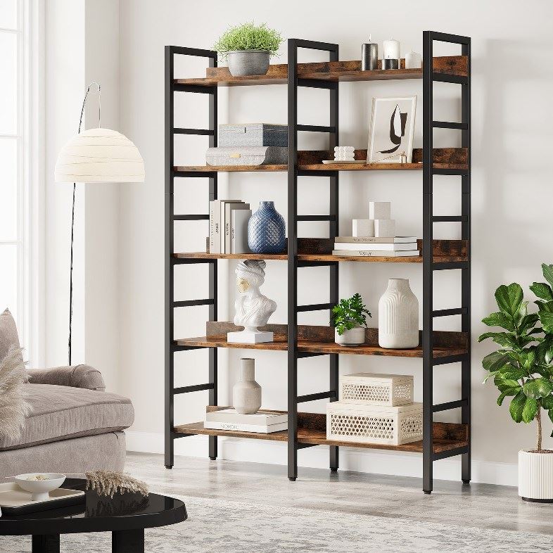 5-Tier Bookshelf, Double Wide Bookcase Storage Shelves Unit