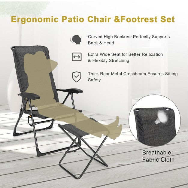 Costway 4pcs Patio Folding Dining Chair Ottoman Set Adjustable Back Camp Gray black