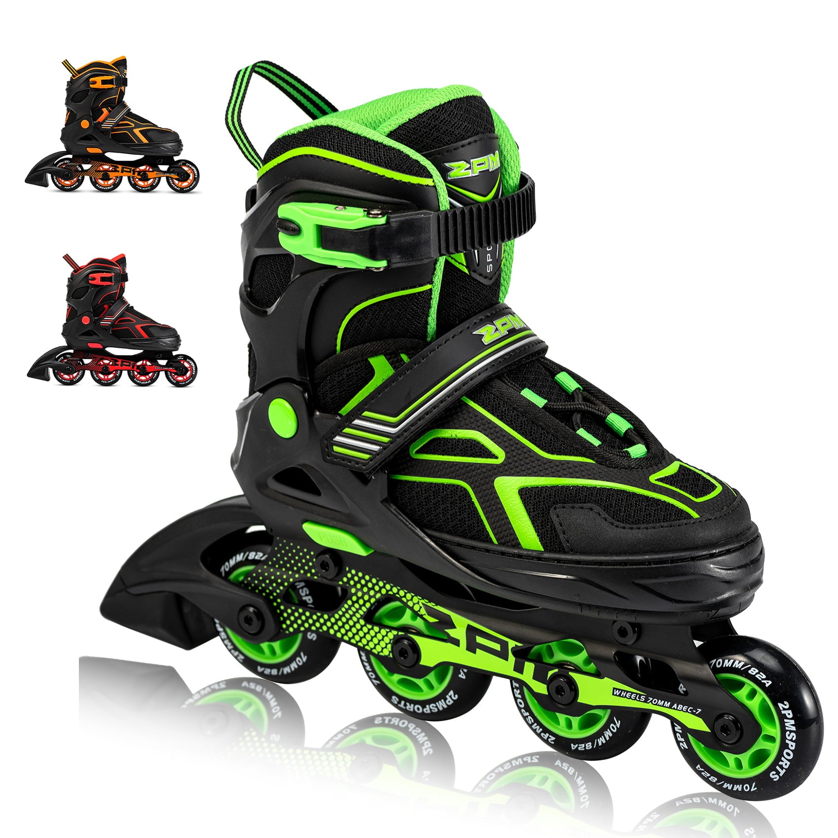 2PM SPORTS Torinx Green Black Boys Adjustable Inline Skates， Fun Roller Blades for Kids， Beginner Roller Skates for Girls， Men and Ladies - Green Large(4Y-7Y US)