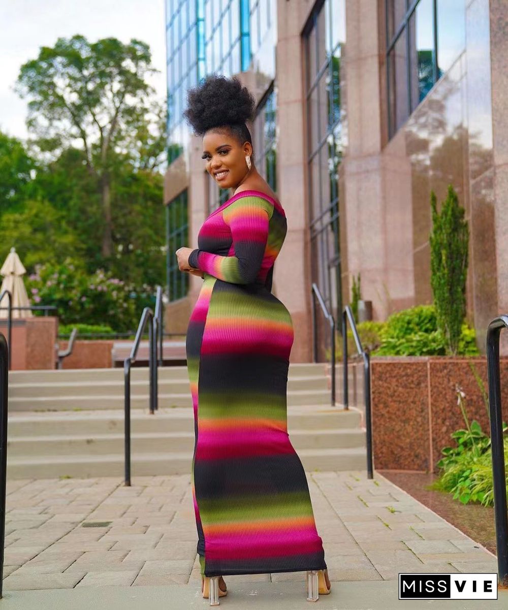 Tie Dye Gradient Striped Long Sleeve Bodycon Dresses