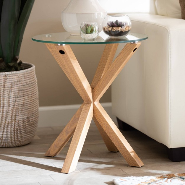 Lida Glass And Wood Finished End Table Clear natural Baxton Studio