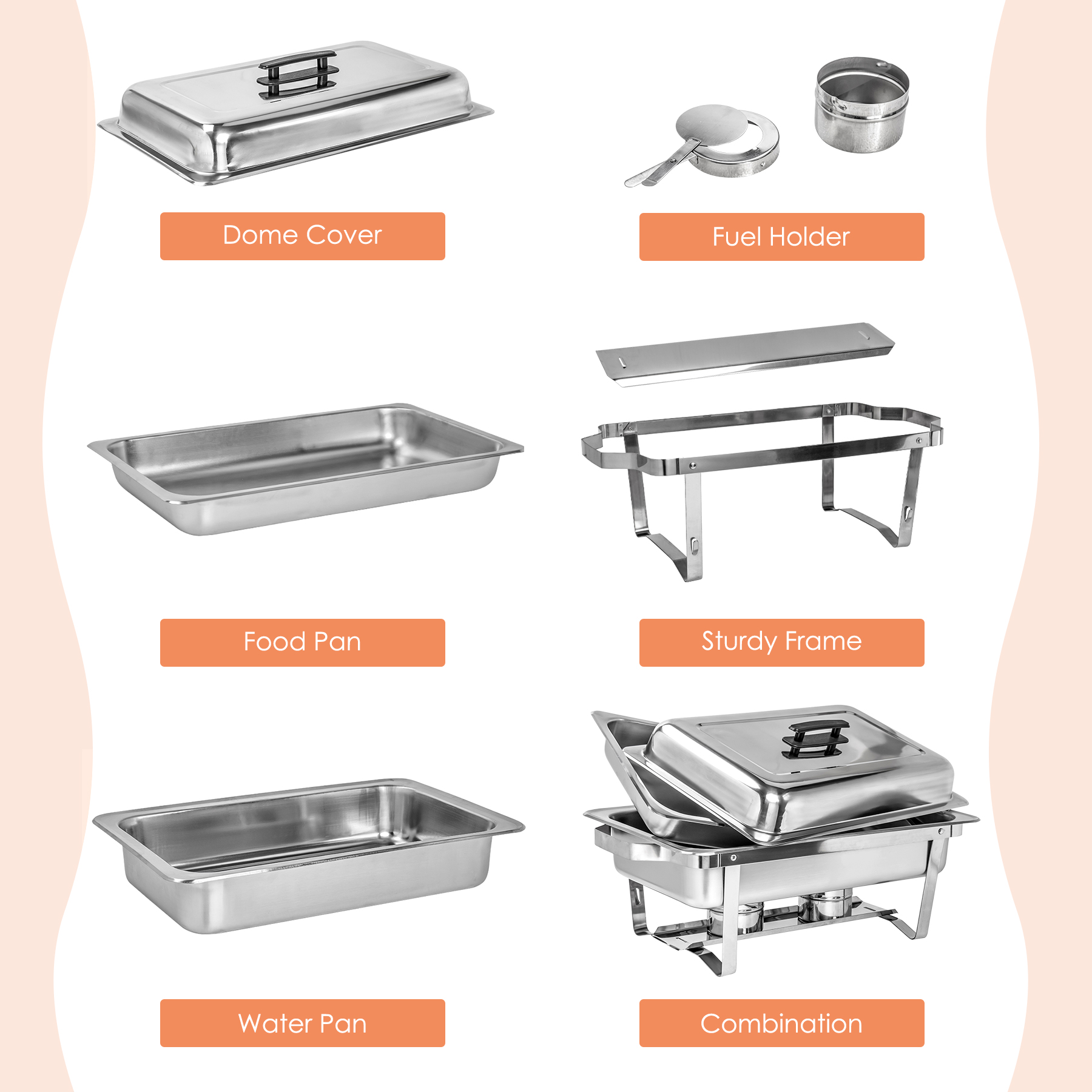 Queenmail 2 Packs Upgraded Folding 8 Qt/9L Stainless Steel Rectangular Chafing Dishes Sets with Alcohol Furnace for Catering Buffet Set， Silver