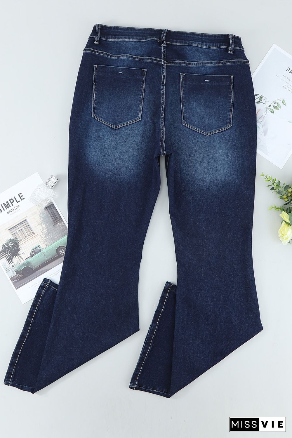 Plus Size Deep Wash Mid-waist Flared Jeans