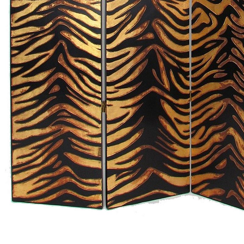 3 Panel Screen with Zebra Pattern Design， Gold and Black