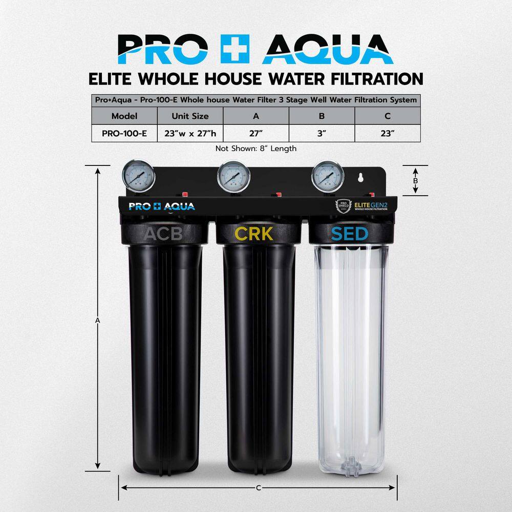 PRO+AQUA Pro Aqua ELITE Whole House Water Filter 3 Stage Well Water Filtration System with Gauges PR Button 1 Ports Filter Set PRO-100-E