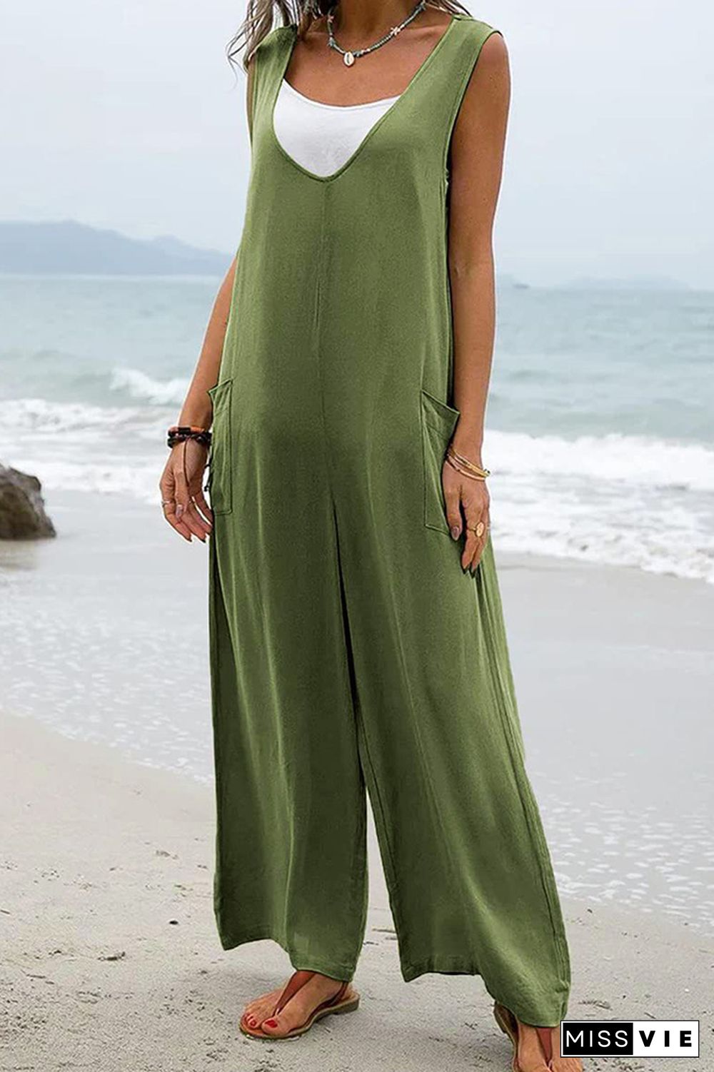 Plain V Neck Pockets Sleeveless Jumpsuit