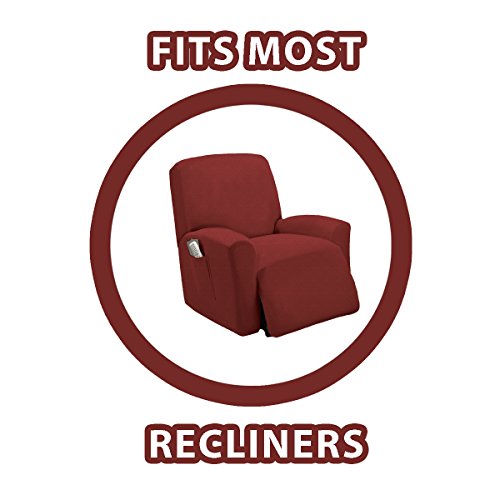 Golden Linens One piece Stretch Recliner Chair Furniture Slipcovers with Remote Pocket Fit most Recliner Chairs (Burgundy)