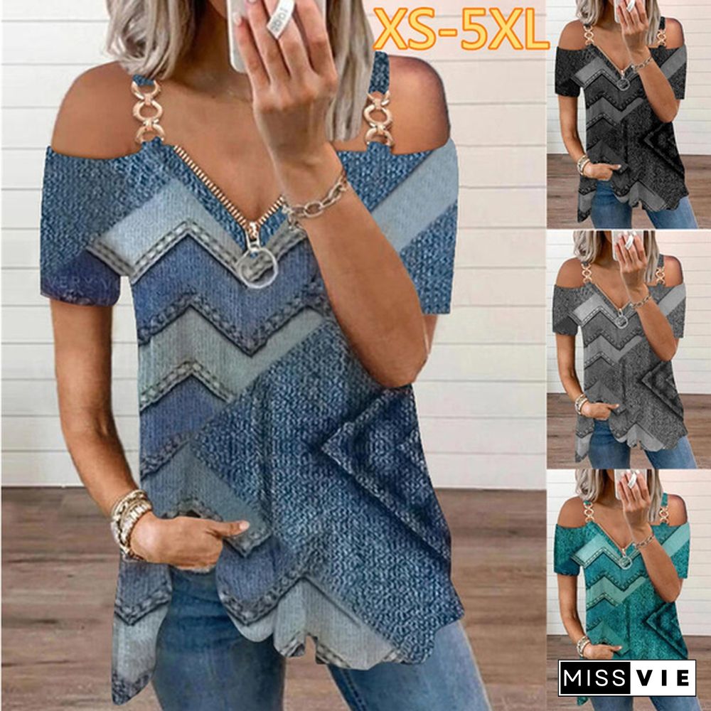 Summer New Fashion Women's Wave Geometric Printed Short Sleeve Zipper V-neck Casual Top Loose Plus Size Soft and Comfortable T-shirt Shirt XS-5XL