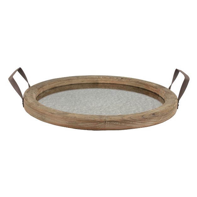 Round Rustic Wooden Tray With Distressed Mirror Brown Stonebriar Collection