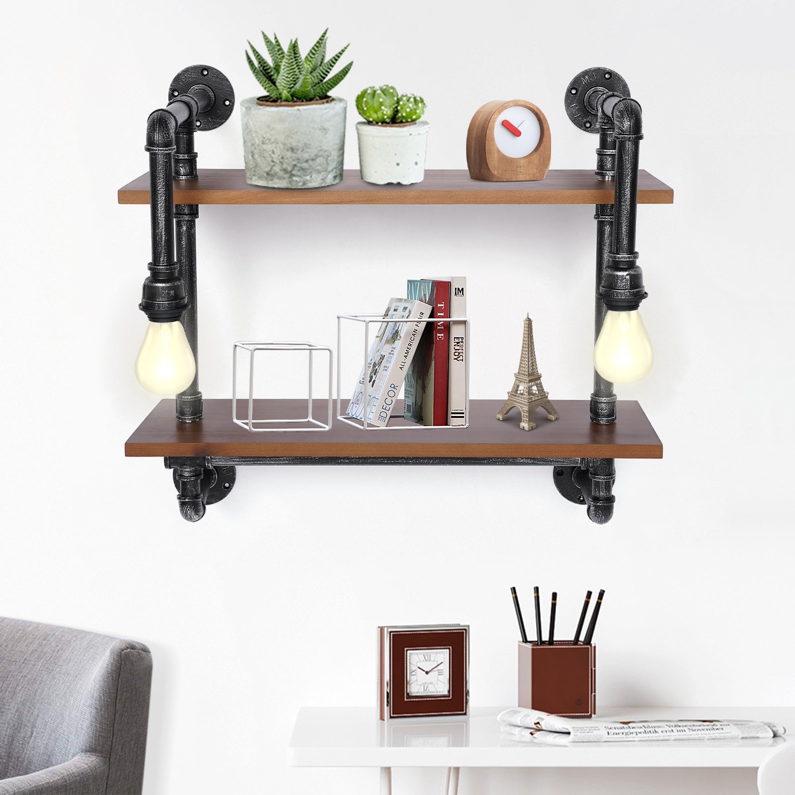 Industrial Rustic Pipe Living Room Wood Shelves with Light Wall Mounted Rustic Steampunk Floating Shelves