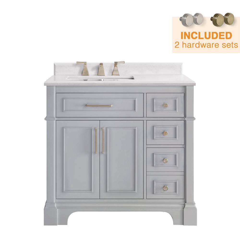 Home Decorators Collection Melpark 36 in. W x 22.1 in. D x 34.5 in. H Freestanding Bath Vanity in Dove Gray with White Cultured Marble Top Melpark 36G