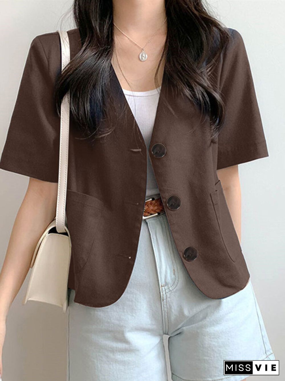 Solid Button Front Pocket Short Sleeve Lapel Blazer