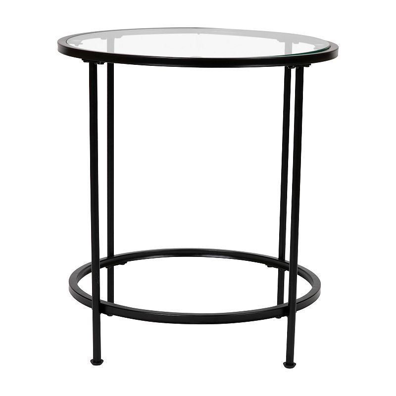 Merrick Lane Newbury Glass End Table with Round Matte Black Frame and Vertical Legs