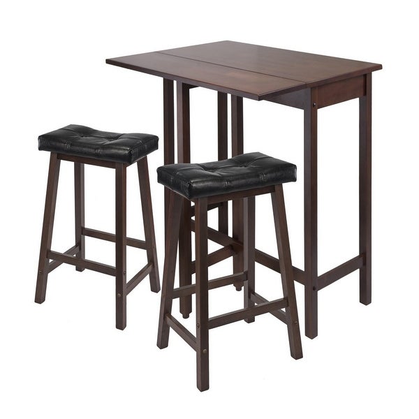 Wood Lynnwood 3-Pc Set， Drop Leaf Table and 2 Cushioned Saddle Seat Stools， Walnut Finish - as picture?