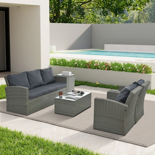 5Piece PE Rattan Wicker Patio Conversation Set With Cushions