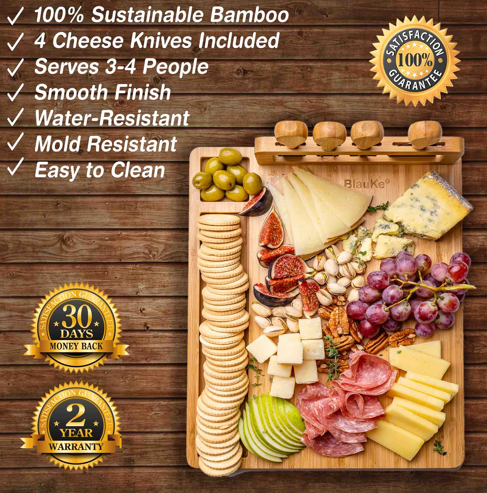 BlauKe® Bamboo Cheese Board and Knife Set 14x11 inch – Wood Cheese Cutting Board， Serving Tray Platter， Charcuterie Board Set with 4 Cheese Knives