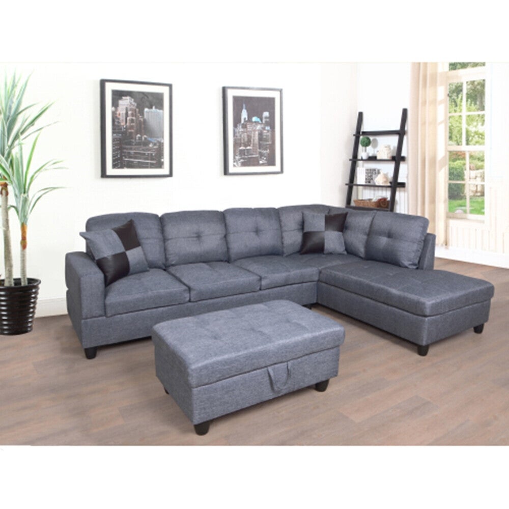 3 PC Sectional Sofa Set，Right -Facing Chaise with Free Storage Ottoman Gray