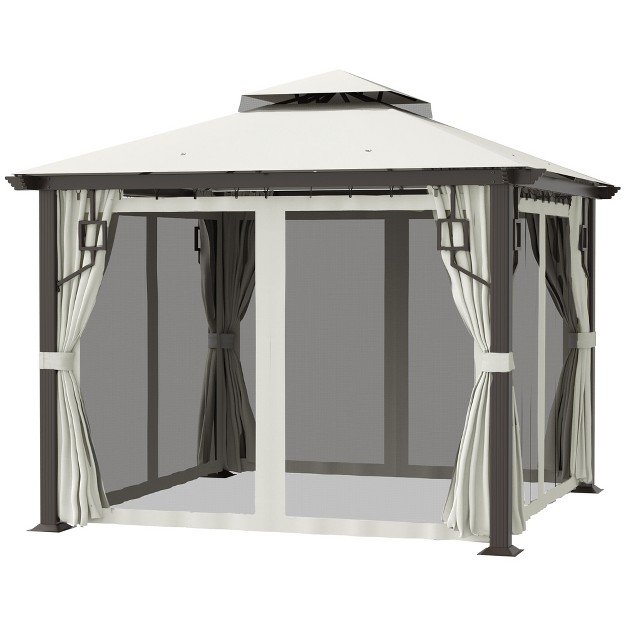 Outsunny 10 x27 X 10 x27 Patio Gazebo Outdoor Canopy Shelter With Aluminum Frame Double Tier Roof Netting And Curtains For Garden Lawn Cream White