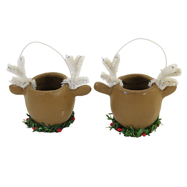 Christmas Reindeer Mini Buckets Two Figurines 3 Inches Use As Ornament Of Figurine Ml0425 Resin Brown