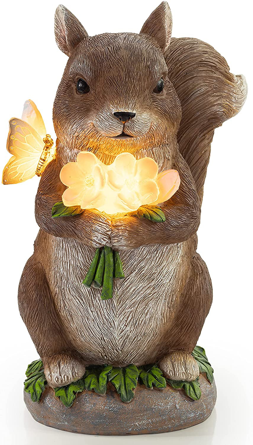 VP Home Charming Welcome Squirrel Statue, Solar-Powered LED Outdoor Decor Garden