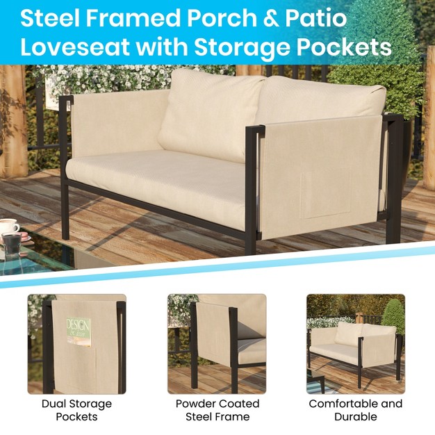 Emma And Oliver Indoor Outdoor Patio Loveseat Steel Framed Club Chair With Cushions And 2 Storage Pockets