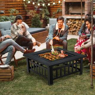 Gymax 32 in. 3-In-1 Outdoor Square Fire Pit Table with BBQ Grill Rain Cover for Camping GYM08940