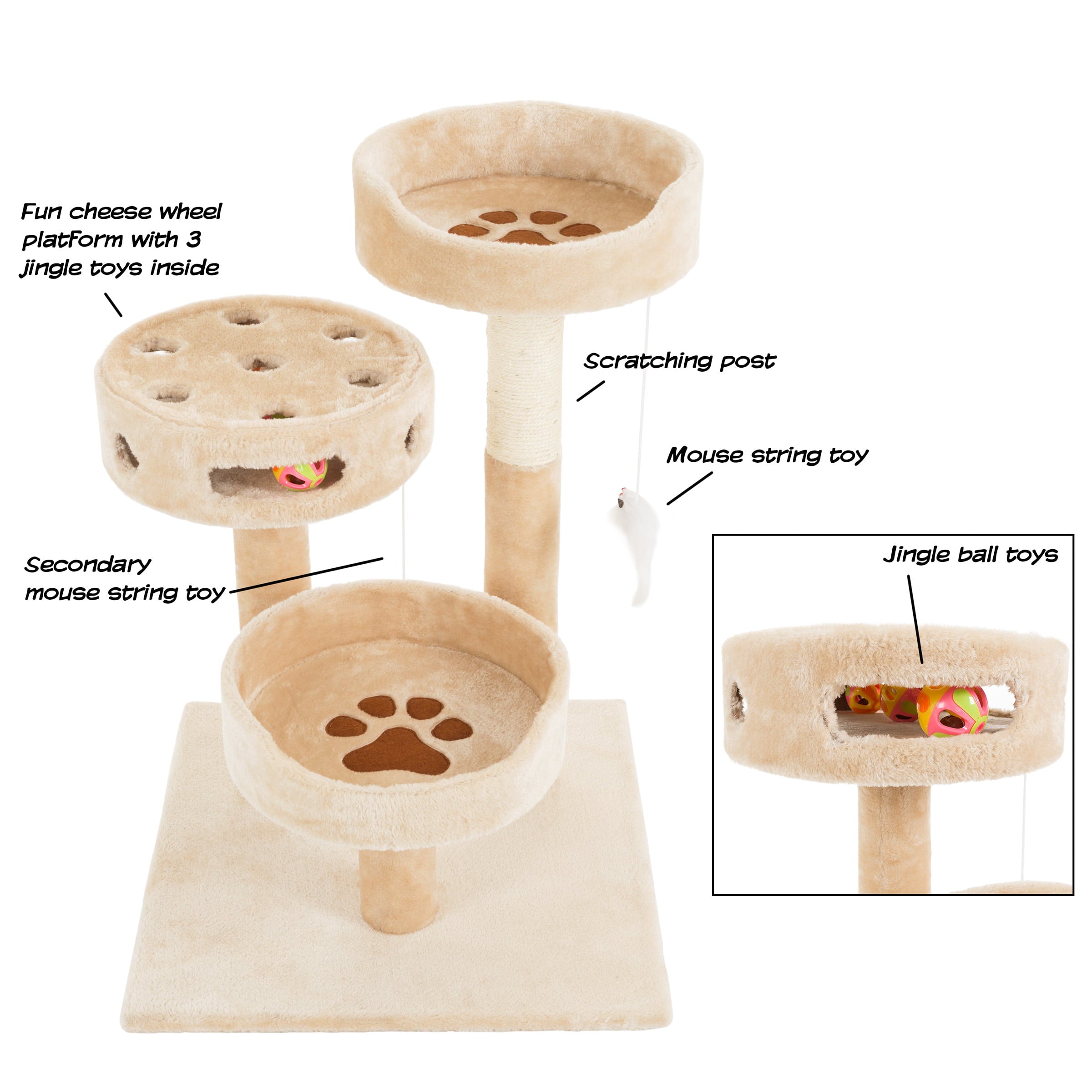 3-Tier Cat Tree - 2 Carpeted Napping Perches， Sisal Rope Scratching Post， Hanging Mouse， and Interactive Cheese Wheel Toy by PETMAKER (Tan)