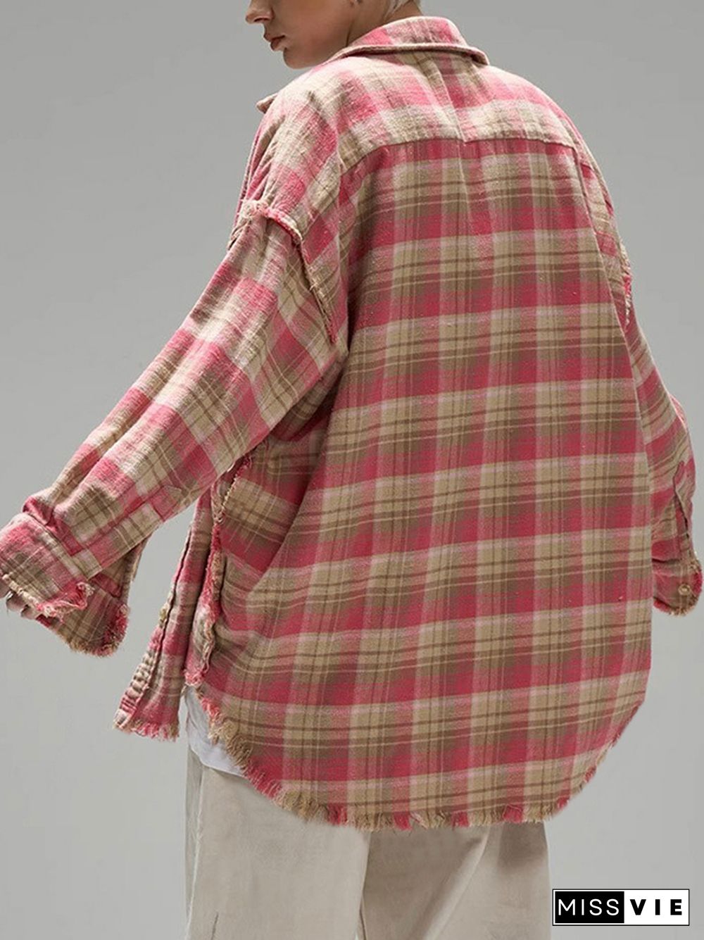 Vintage Plaid Tassel Raw Edge Design Long Sleeve Blouse