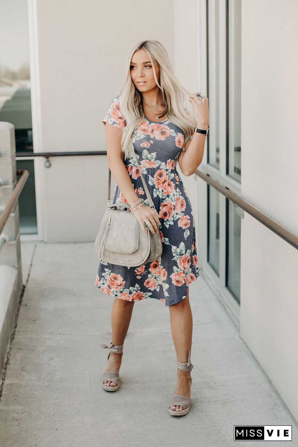 Gray Floral Print Short Sleeve Pleated Mini Dress