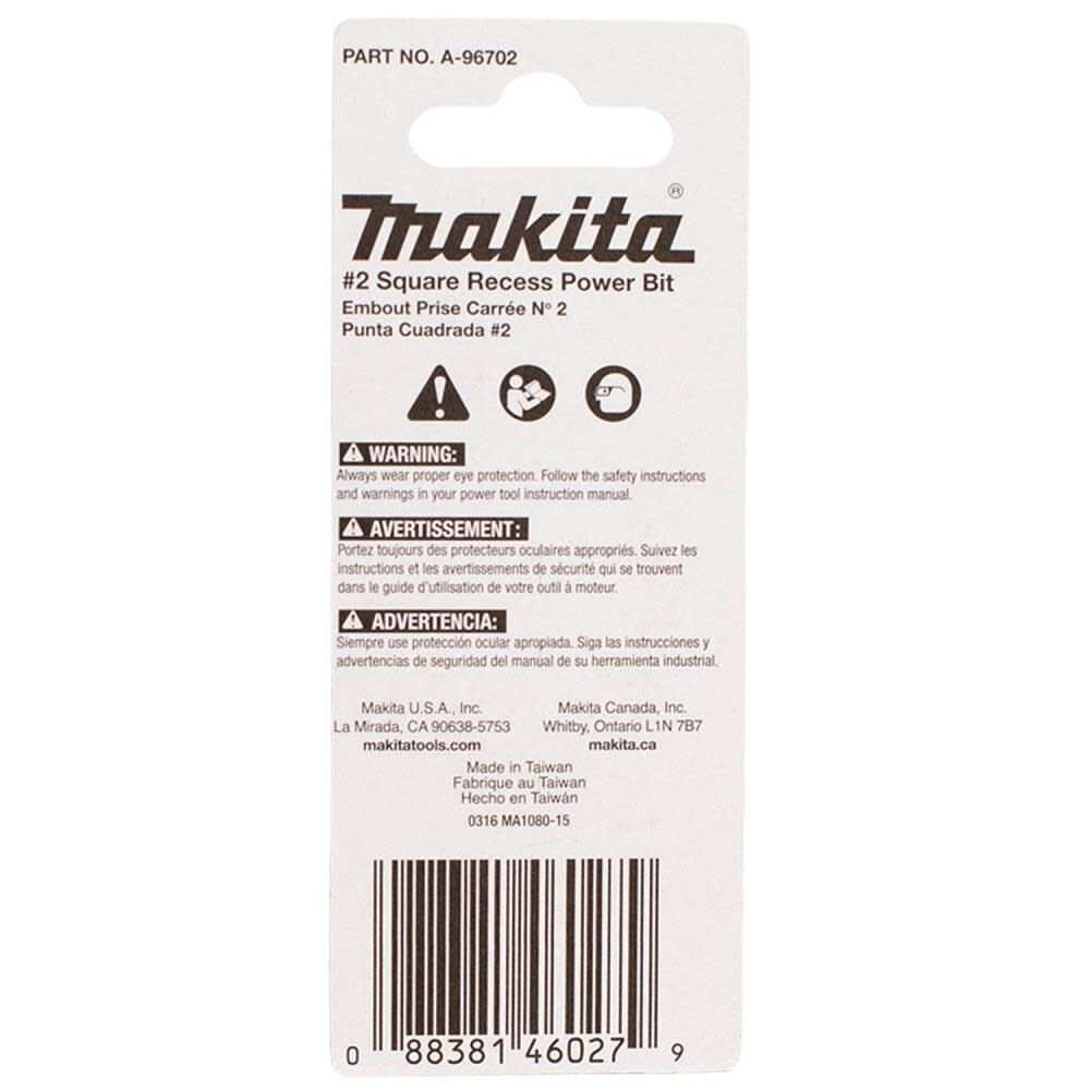 Makita Impact X #2 Square Recess 2 Power Bit 2/pk A-96702 from Makita