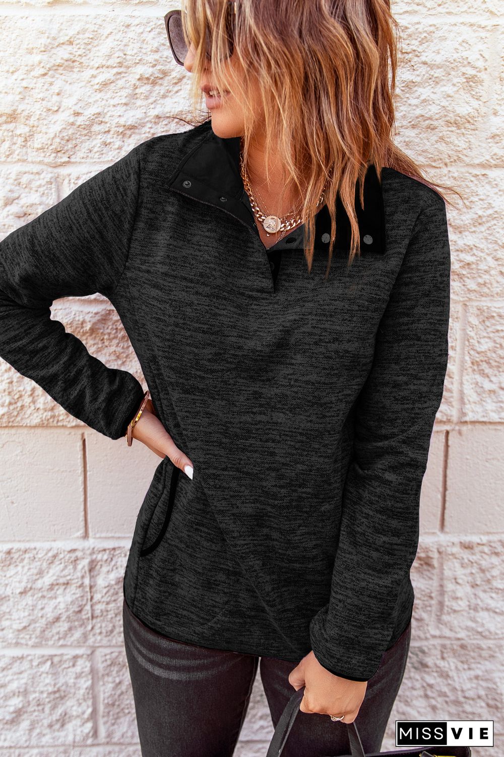 Black Heathered Turn-down Collar Pullover Sweatshirt