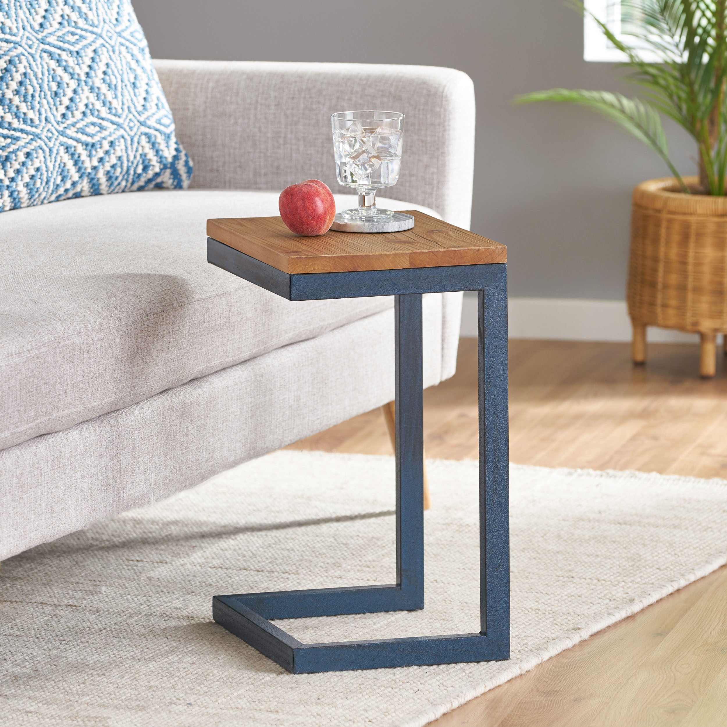 Ramona Modern Industrial Firwood C-Shaped Accent Side Table with Iron Frame