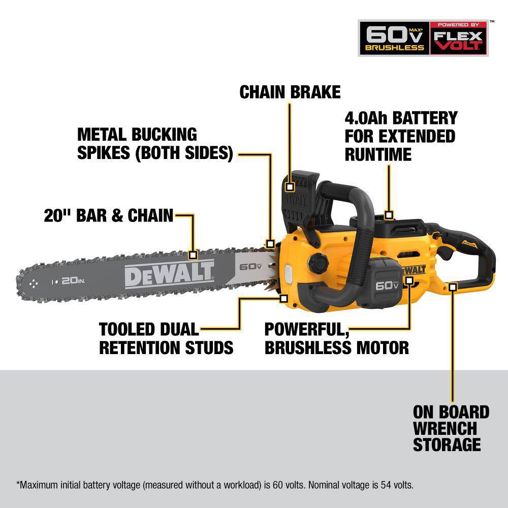 DW 60-Volt Maximum 20 in. Brushless Battery Powered Chainsaw Kit with Flexvolt 4Ah and 12Ah Batteries and Charger DCCS677Y1WCB612