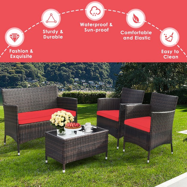 Tangkula 4 Pieces Patio Rattan Conversation Furniture Set Outdoor W Brown amp Red Cushion