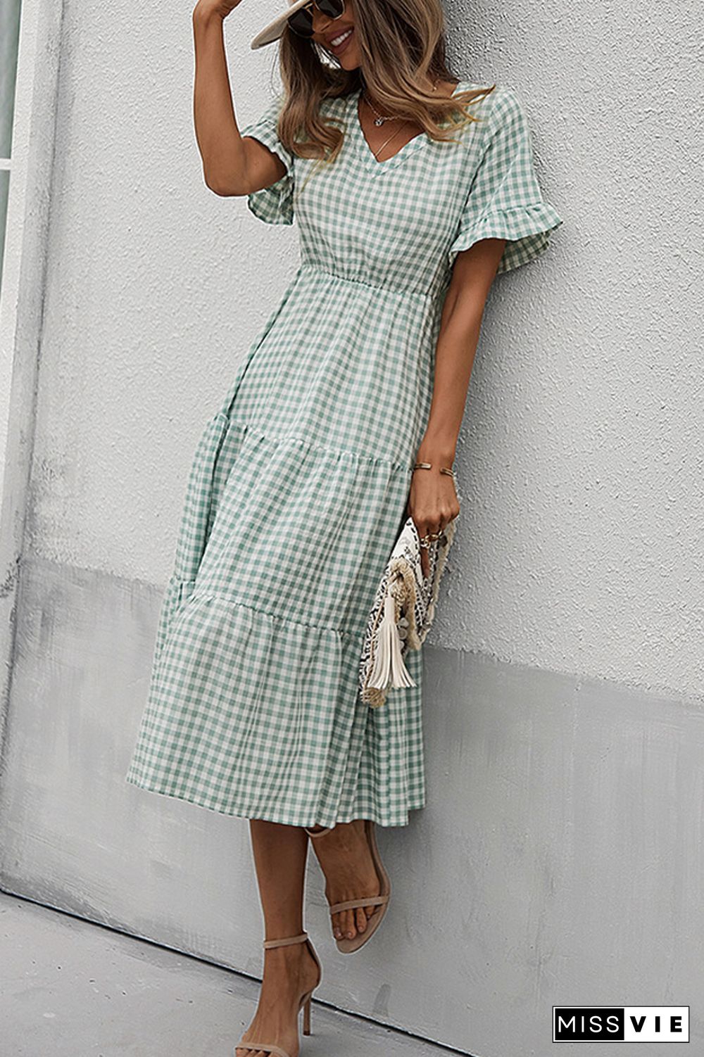 Plaid V-neck Short Sleeve Long Dress Wholesale