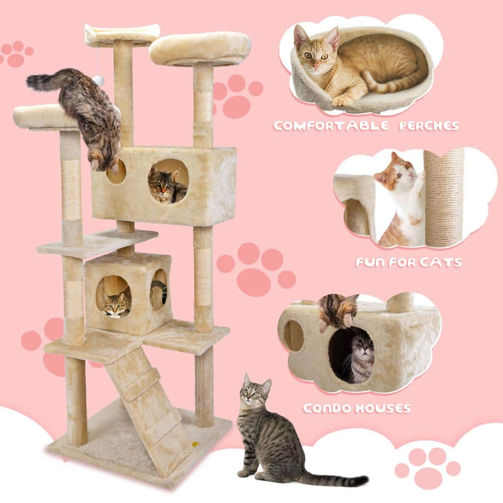 COZIWOW 59.5 in. Cat Tree Kitten Activity Condo Penthouse W/ Scratching Post and Ladder Beige CW12N0207