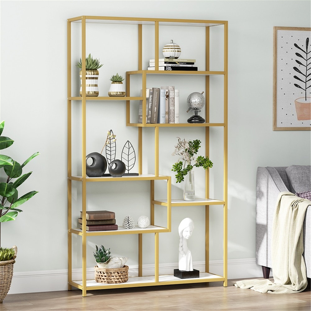 Bookshelf Bookcase  Gold 8 Open Shelf Etagere Bookcase with Faux Marble