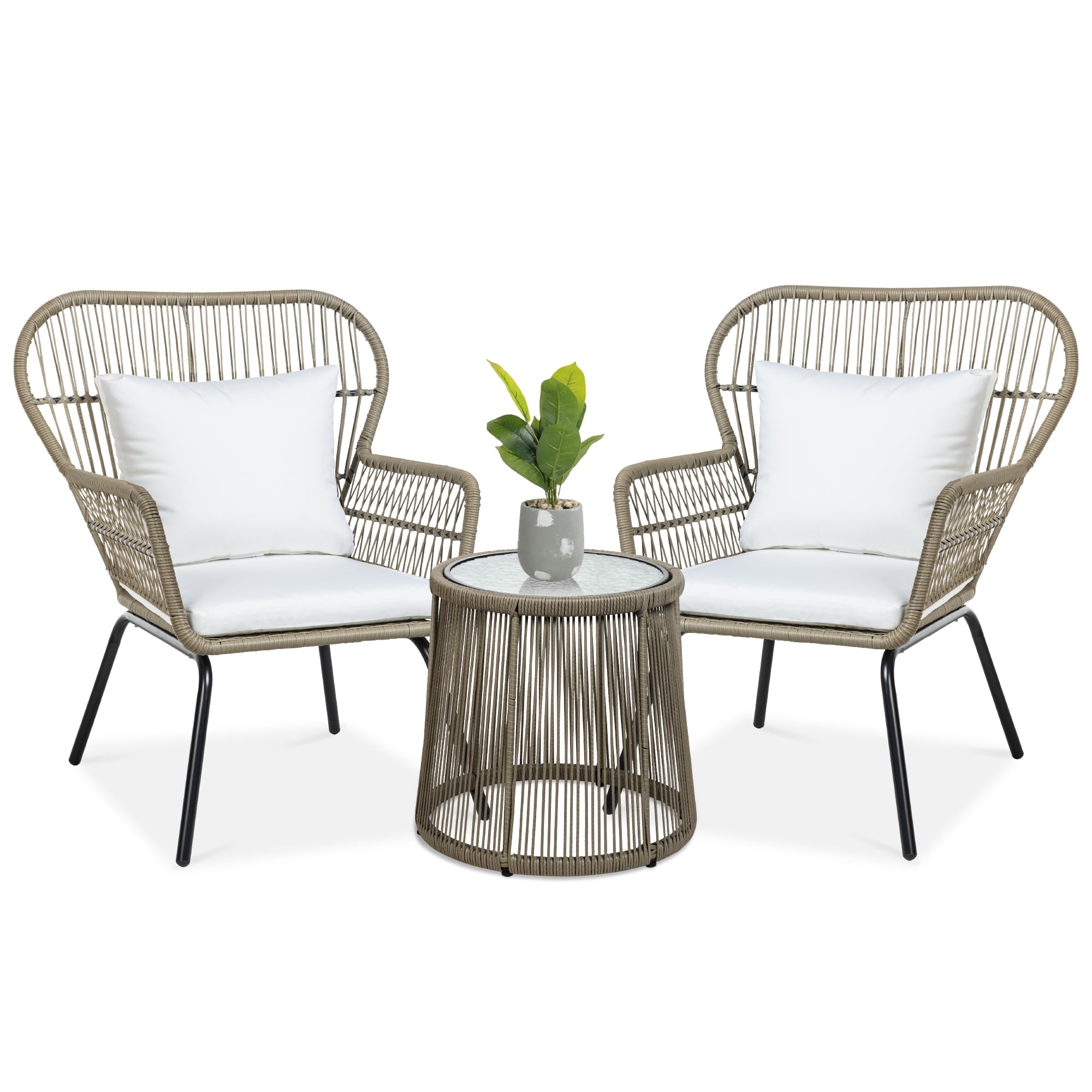 Best Choice Products 3-Piece Patio Conversation Bistro Set, Outdoor Wicker w/ 2 Chairs, Cushions, Side Table - Tan